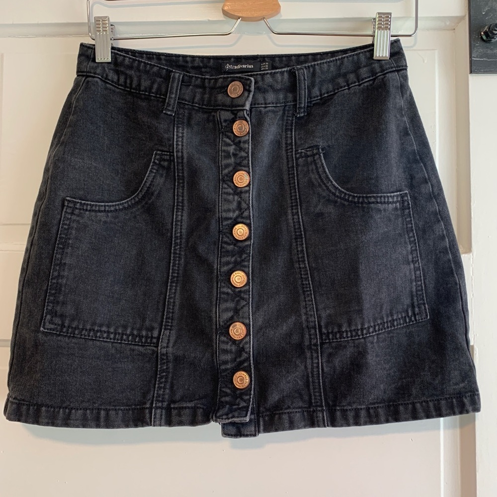 Black Denim Button Skirt